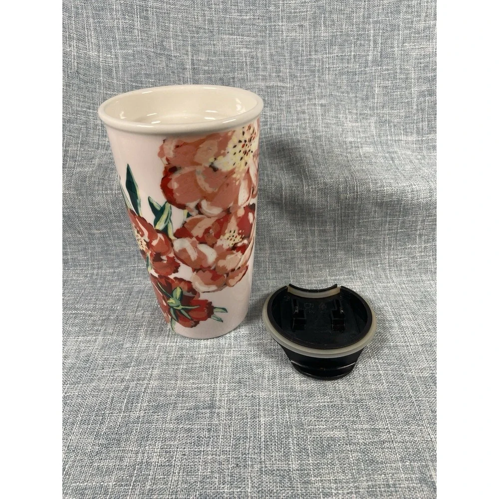 Starbucks 2015 Ceramic Travel Mug Tumbler Floral Poppy 10 oz. Black Plastic Lid